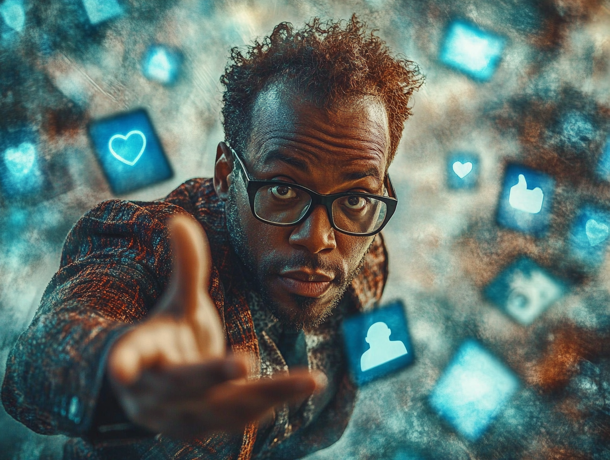 Confident CMO Pondering Content Distribution With Icons Swirling Around Him