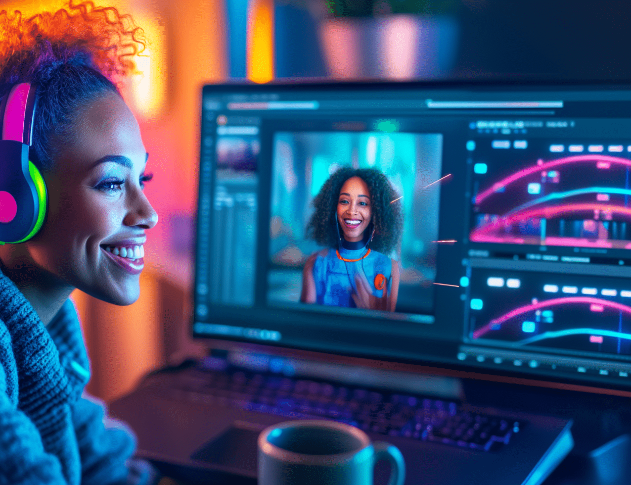 Smiling woman wearing vibrant headphones leads a SaaS growth marketing video call from a glowing dual-monitor setup. One screen shows a cheerful client celebrating success. The office is lit with cinematic neon hues, symbolizing user engagement, retention strategy, and real-time customer connection in a modern SaaS marketing environment.