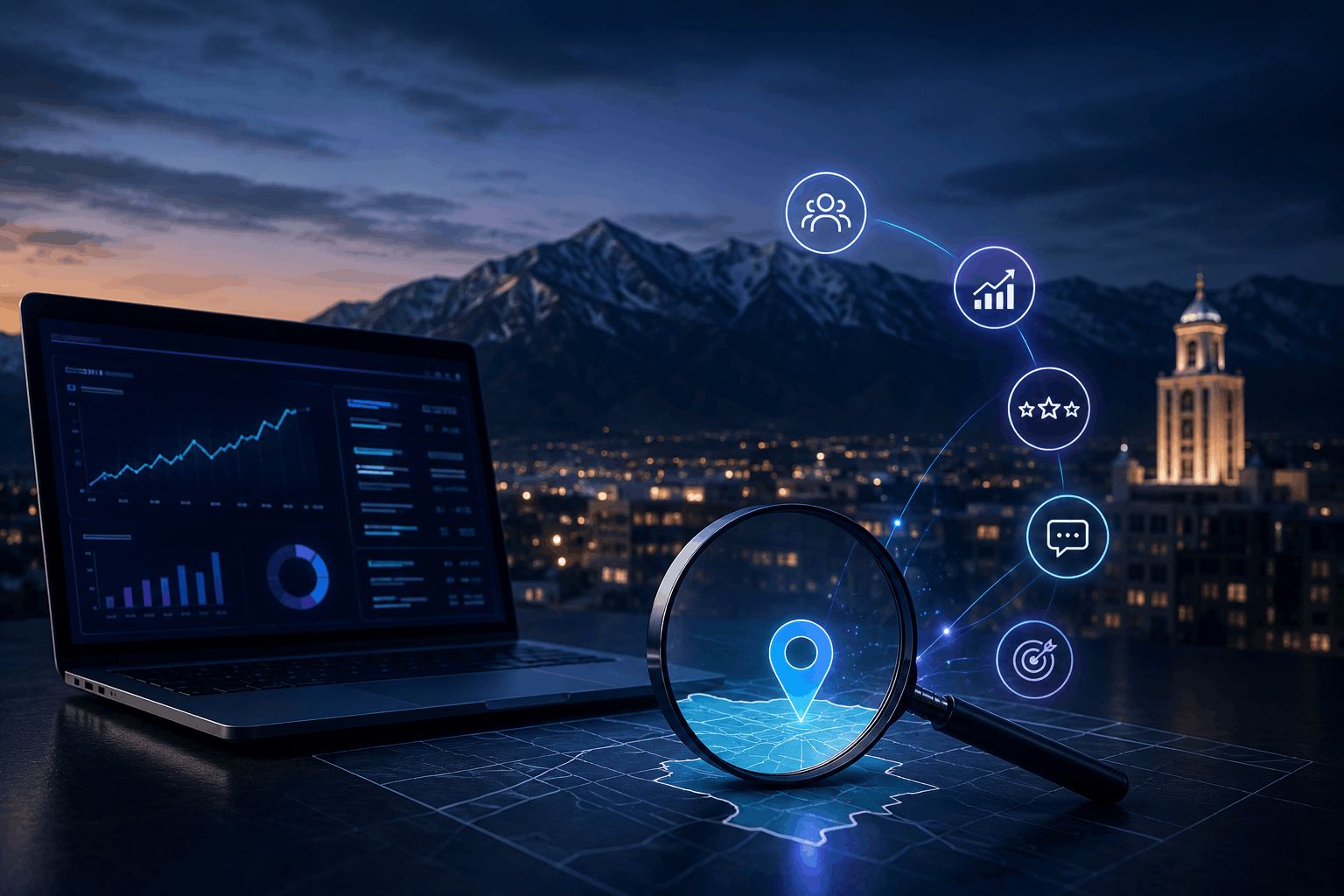 best-marketing-agencies-ogden-utah-cover-image Digital marketing workspace overlooking Ogden, Utah, with analytics dashboards, local search, maps, and business growth visuals.