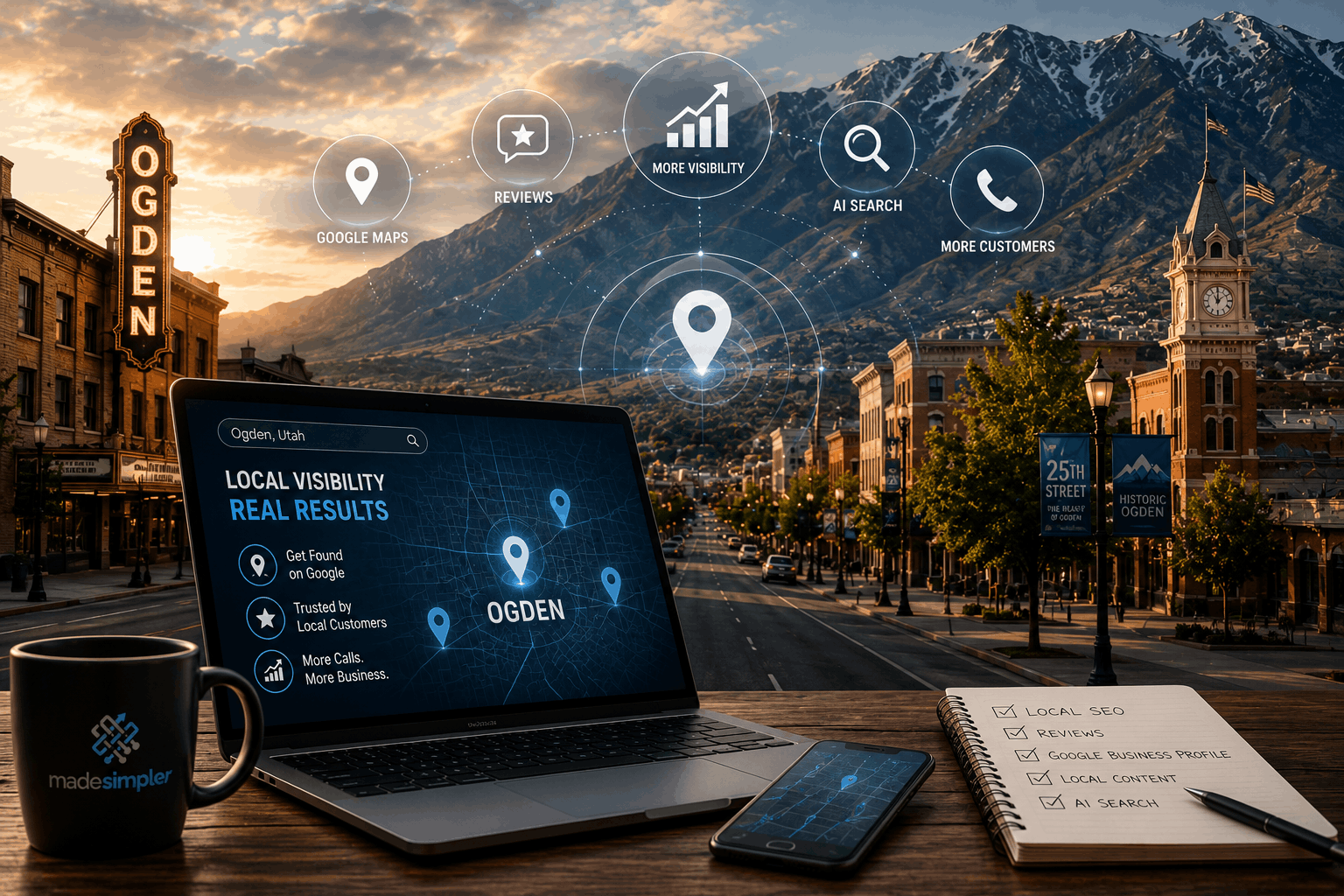 image1 Cover image showing Ogden, Utah with local SEO, Google Maps, reviews, AI search, and business visibility elements for Made Simpler’s 2026 marketing guide.