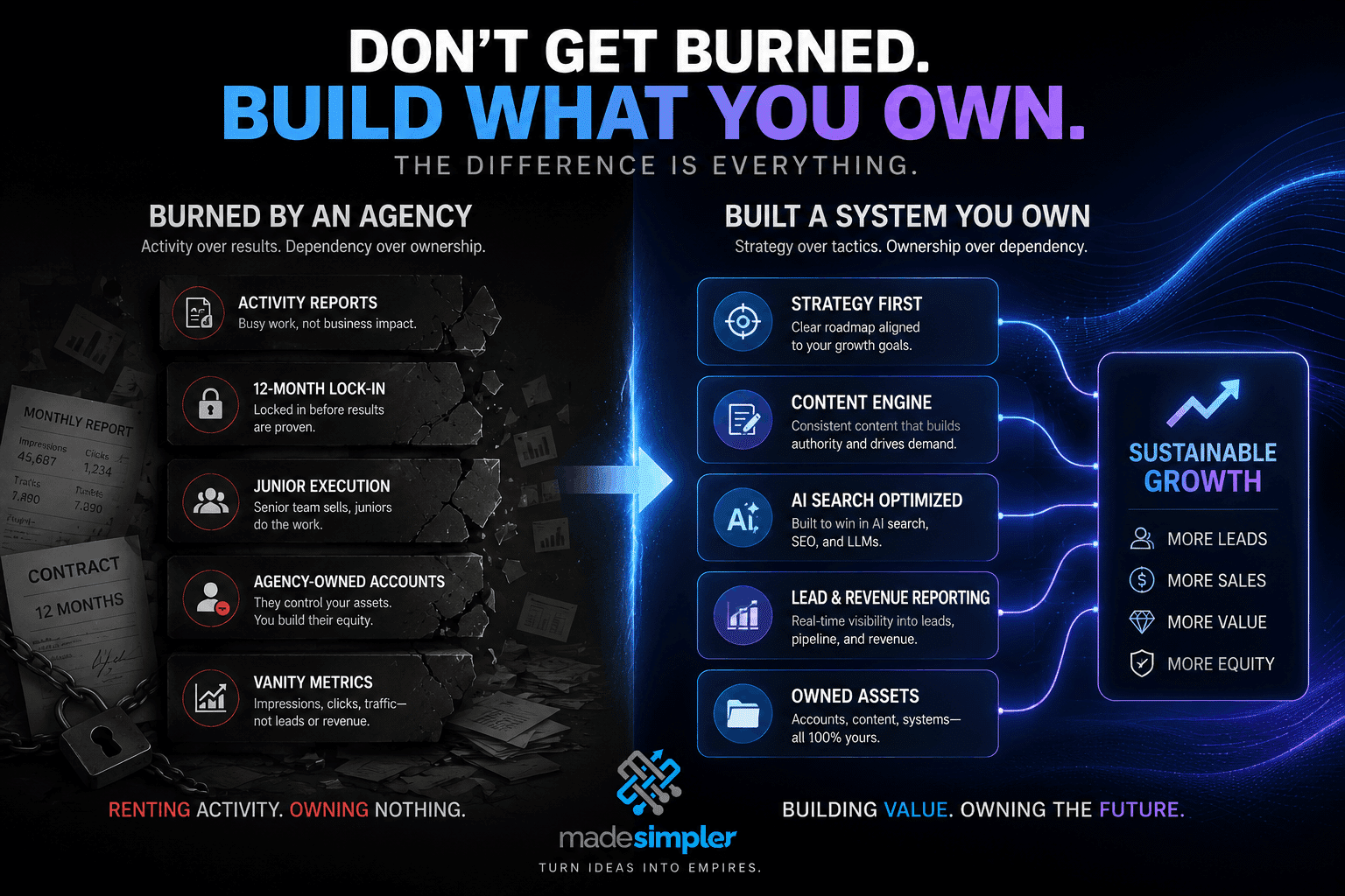 Comparison infographic contrasting marketing agency pitfalls with an owned marketing system, highlighting agency red flags on one side and sustainable growth assets on the other.
