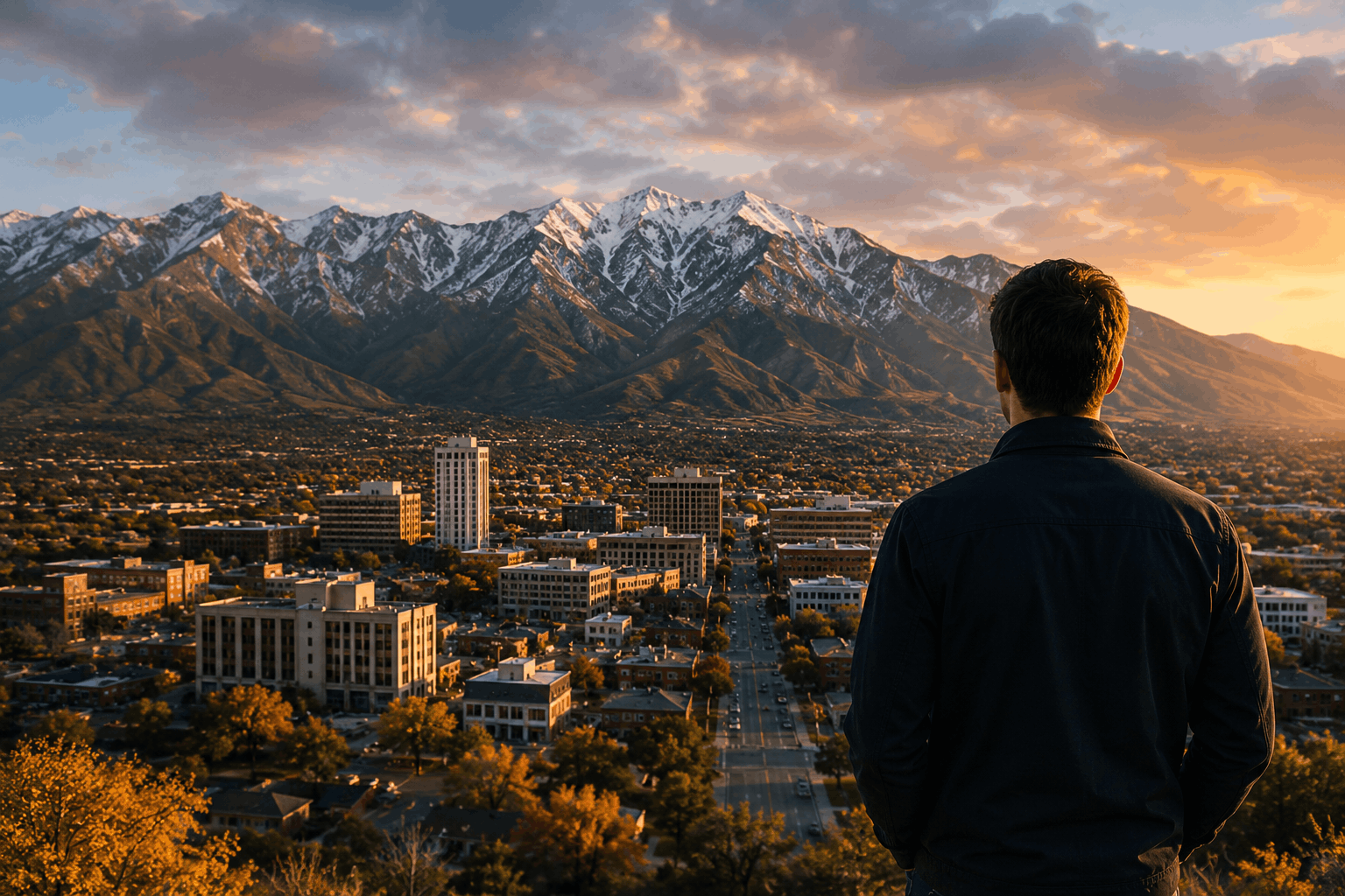 ogden-business-overlooking-city-local-advantage-cover Business owner overlooking Ogden, Utah at sunset with Wasatch Mountains, representing local knowledge, community connection, and business advantage.