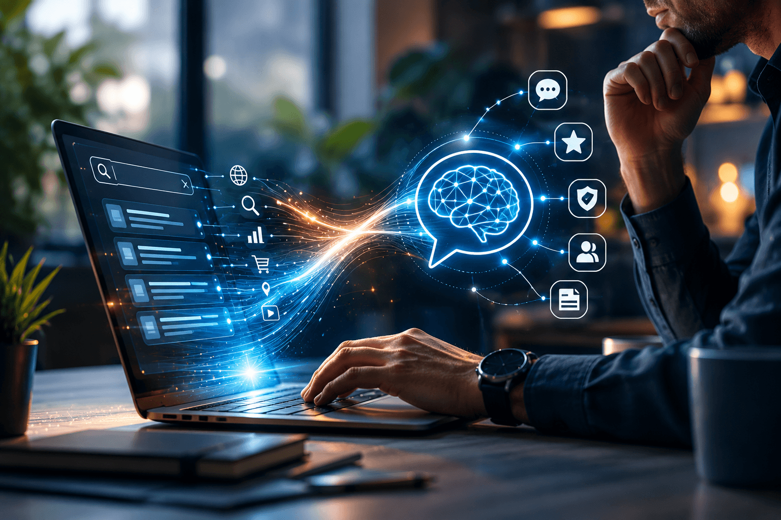 ai-search-optimization-digital-discovery-stock-image-made-simpler Business professional working on a laptop with glowing AI search and digital discovery visuals, representing the transition from traditional search results to AI powered recommendations and content discovery.