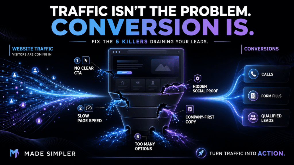 Made Simpler conversion leak map showing traffic lost through weak CTAs, slow pages, poor copy, and too many choices.