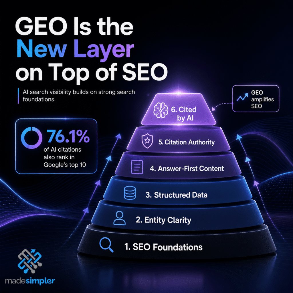 Infographic illustrating GEO as a layered framework built on SEO foundations, featuring structured data, answer-first content, citation authority, and AI citation visibility to enhance discoverability and trust.