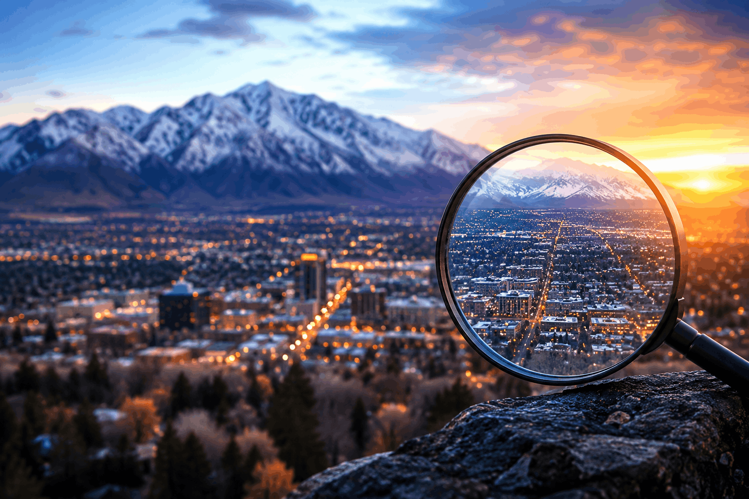 get-found-on-google-ogden-utah-cover Aerial Ogden, Utah sunset view with magnifying glass symbolizing local search visibility, Google discovery, and online business discovery.