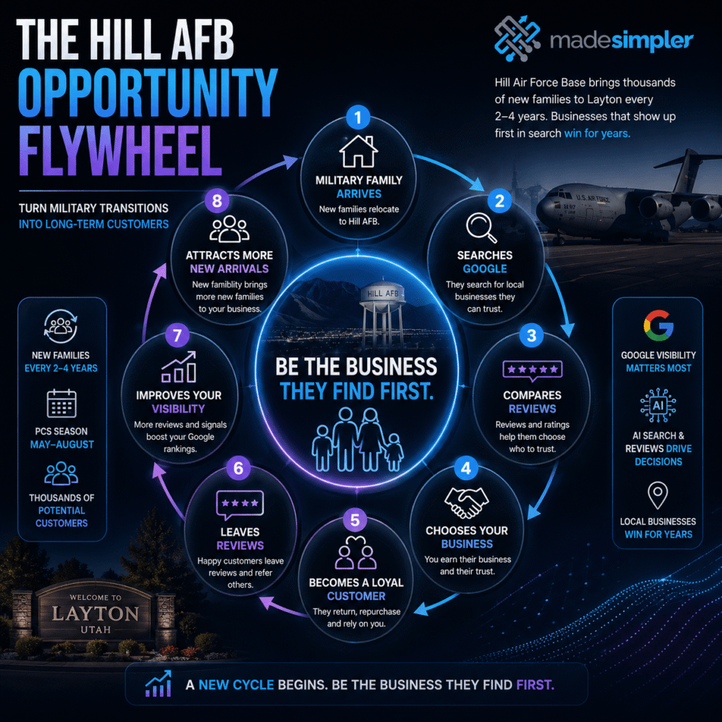 Infographic showing Hill AFB opportunity cycle: military families search, choose local businesses, leave reviews, boost visibility, and attract new customers.