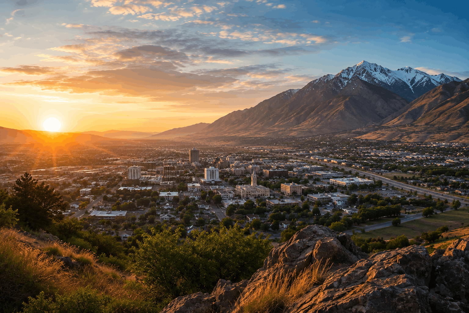 image1 Panoramic aerial view of Ogden, Utah at sunrise with Wasatch Mountains, highlighting the city’s business landscape and economic growth.