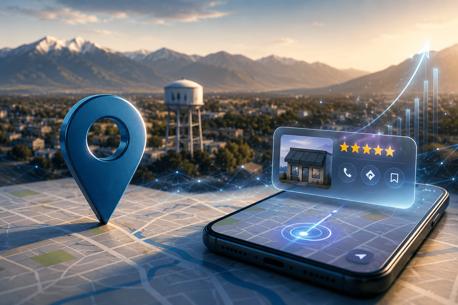 Cover image showing a map pin, local business profile card, and smartphone map interface over a Layton, Utah cityscape, representing local SEO and Google visibility.