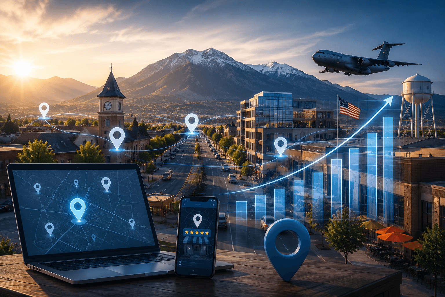 layton-local-business-marketing-cover-made-simpler Modern Layton, Utah business district with mountains, map pins, analytics, and Hill AFB imagery symbolizing local SEO growth.