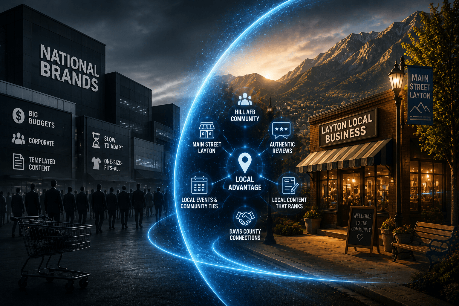 layton-local-business-vs-national-brands-cover-image Cinematic cover image showing a Layton local business protected by local SEO and community signals while competing against large national brands.