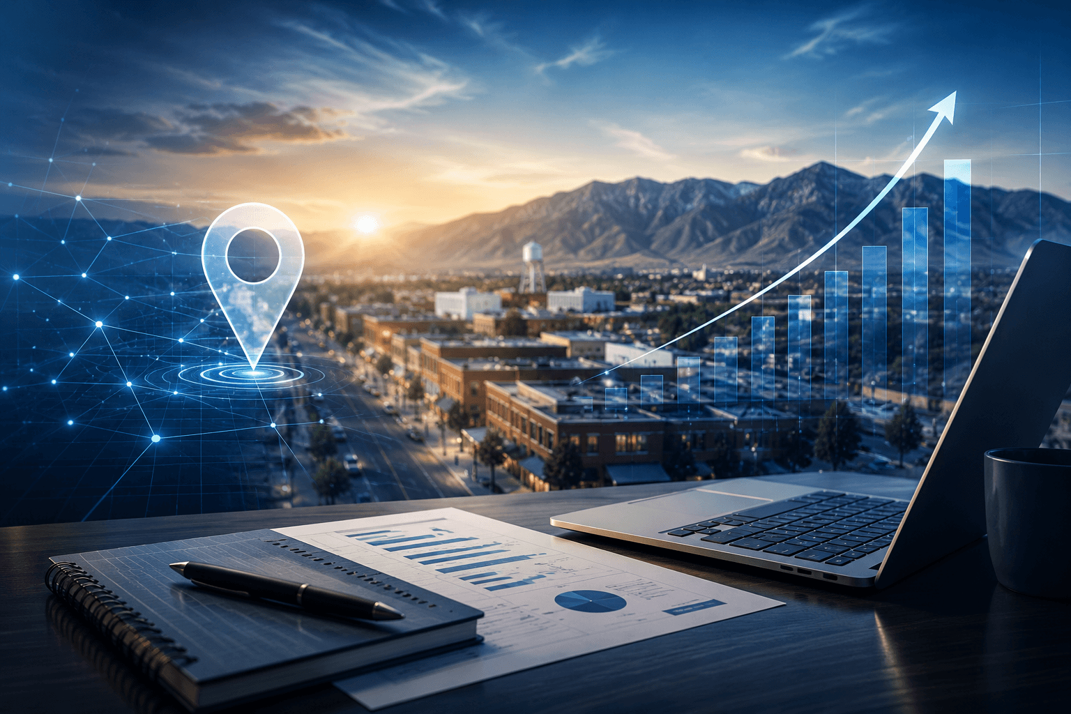 layton-marketing-agency-comparison-cover-image-made-simpler Cover image showing a Layton business growth scene with local search, analytics, and marketing strategy visuals over a city and mountain landscape.