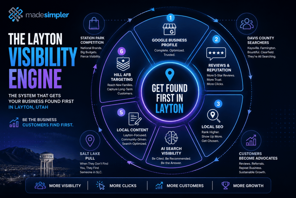 Infographic titled “The Layton Visibility Engine” showing local SEO, Google profile, reviews, AI search, content, and Hill AFB targeting.