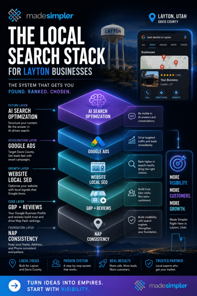 Made Simpler infographic showing Layton’s local search stack with NAP consistency, Google profile, reviews, SEO, ads, and AI optimization.