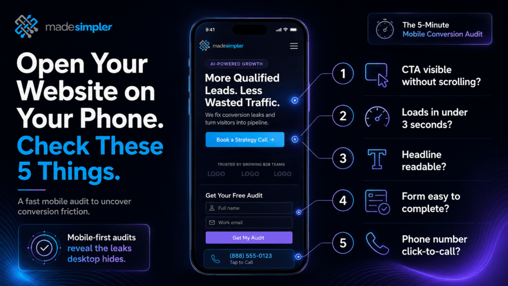 Made Simpler mobile conversion audit infographic with CTA visibility, page speed, readable headlines, forms, and click-to-call.