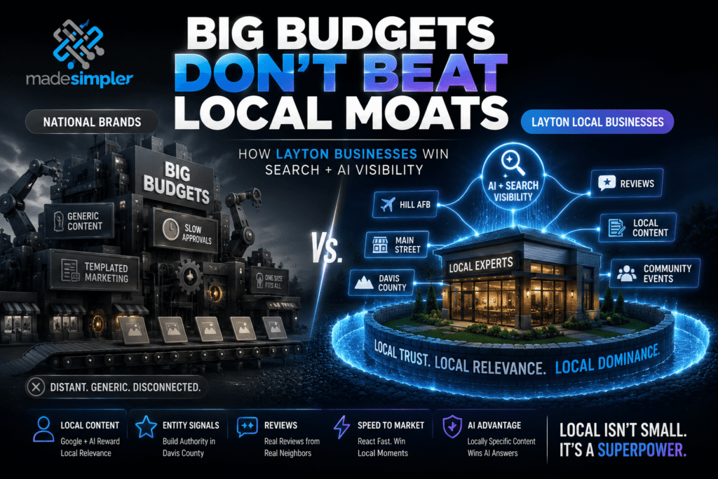 Comparison infographic showing Layton businesses outperform national brands with local SEO, Hill AFB targeting, reviews, community presence, and AI visibility.
