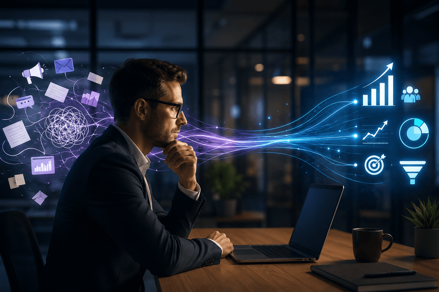 made-simpler-marketing-strategy-outcomes-stock-image Business professional in a modern office reviewing a laptop as scattered marketing activities transform into organized growth analytics, symbolizing the shift from tasks to measurable business outcomes.