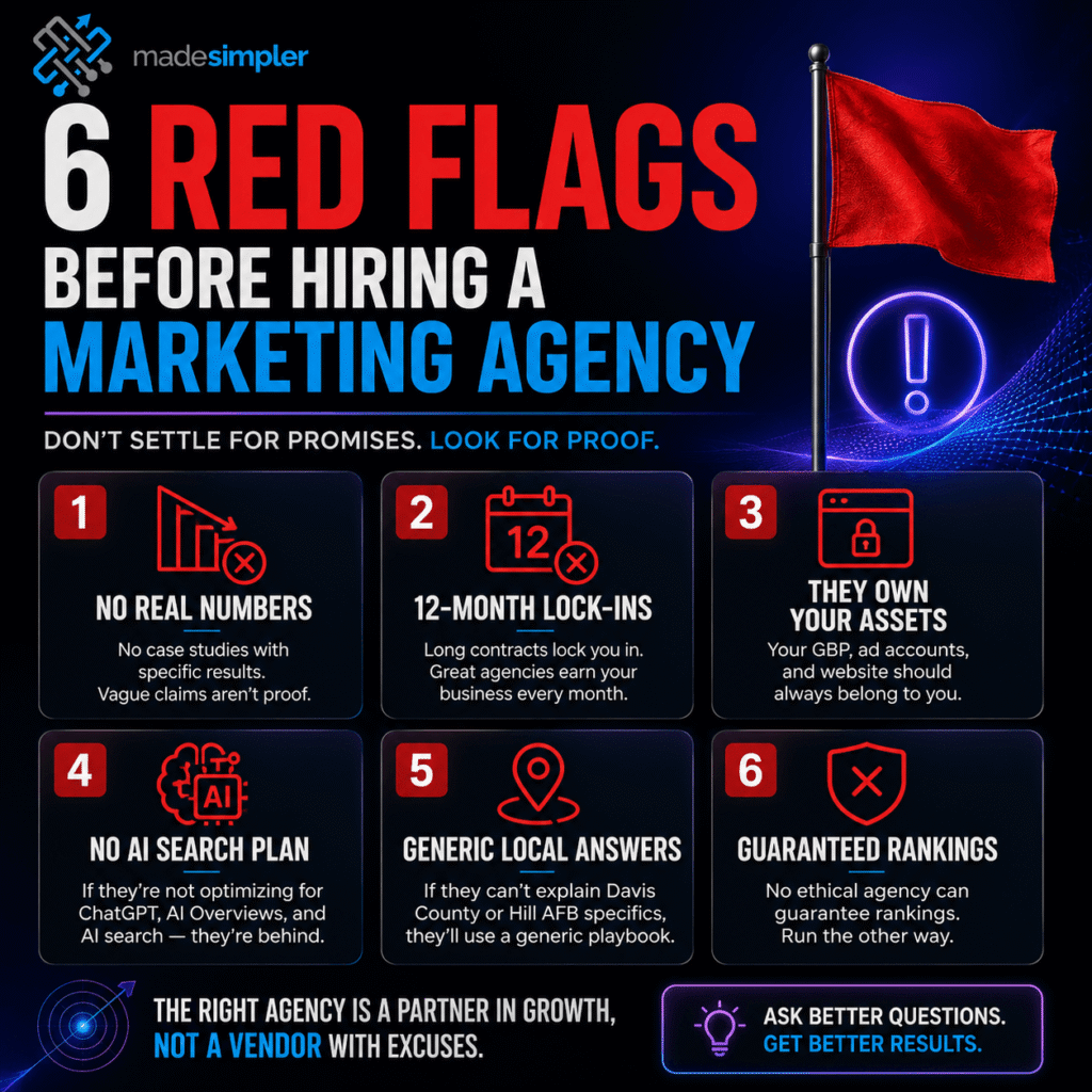Infographic showing six red flags when hiring a marketing agency: no metrics, long lock-ins, ownership issues, no AI plan, generic advice, and fake ranking promises.