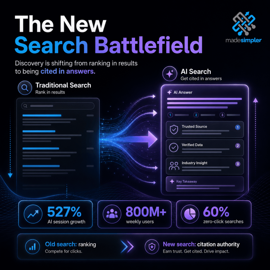 Infographic comparing traditional search results with AI-generated answers, highlighting the shift from ranking in search results to being cited and referenced by AI systems.