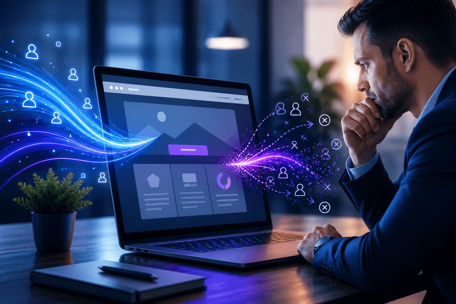 website-traffic-no-leads-cover-image-made-simpler Business owner reviewing a website on a laptop as glowing traffic streams drift away, symbolizing lost visitors and missed lead-conversion opportunities.